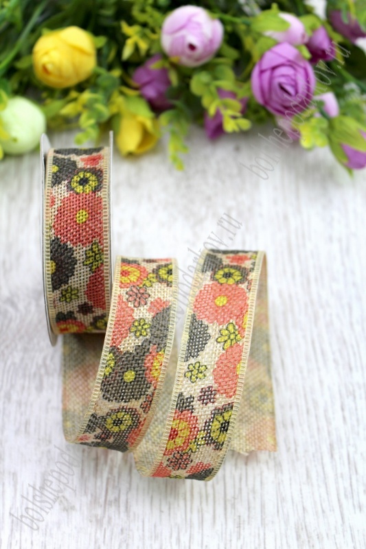 Лента из мешковины "Цветы" цв 1 ассорти 25мм*9,1м за 1м 27-74/SF-1320														