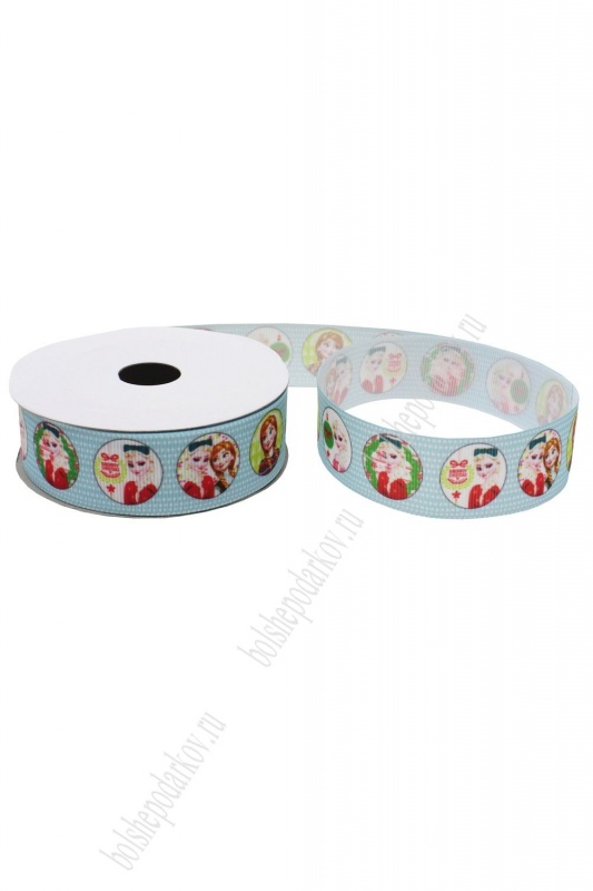 Лента репсовая "Холодное сердце" голубая в горошек 25мм*9,1м 128-184														