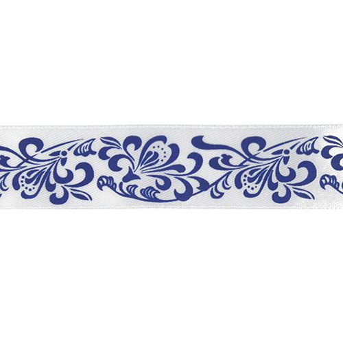 Лента атласная  "Узор" синий на белом 25мм*22,86м 7708617														