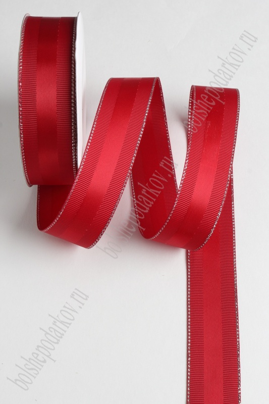Лента репсовая с люрексом и атласной вставкой, цвет бордовый 25мм, 25мм*9,1м 126-26/SF-1726														