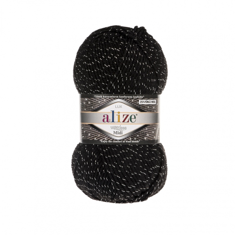 Пряжа "SUPERLANA MIDI Lux" 60 черный с метанит 5*100г. 150м 3% металлик,24% шерсть,73% акрил  ALIZE 60														