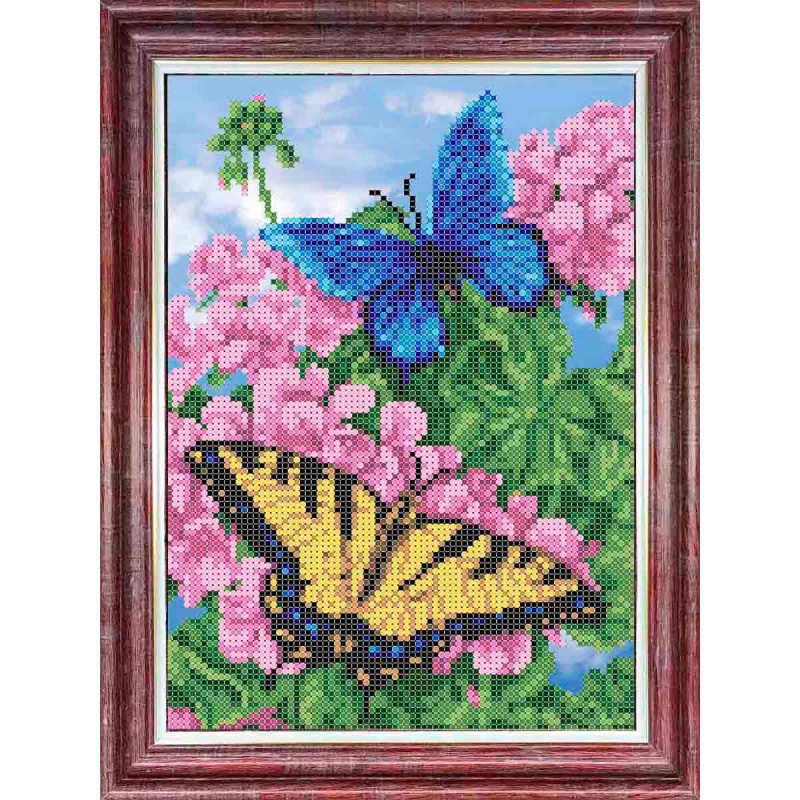 Канва с рисунком "Бабочки в цветах" бисер (А4)  Каролинка