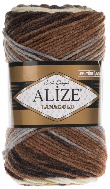 Пряжа "LANAGOLD BATIK" 3341серо-корич.-т. корич.-белый 5*100 г. 240м 49% шерсть, 51 % акрил  ALIZE