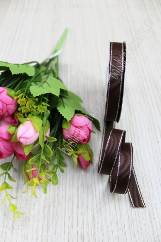 Лента репсовая с люрексом, цвет шоколадный 12мм, 12мм*18,2м 126-8/SF-711														