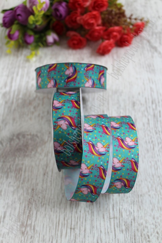 Лента репсовая "Единорог" тиффани  25мм*9,1м SF-1284														