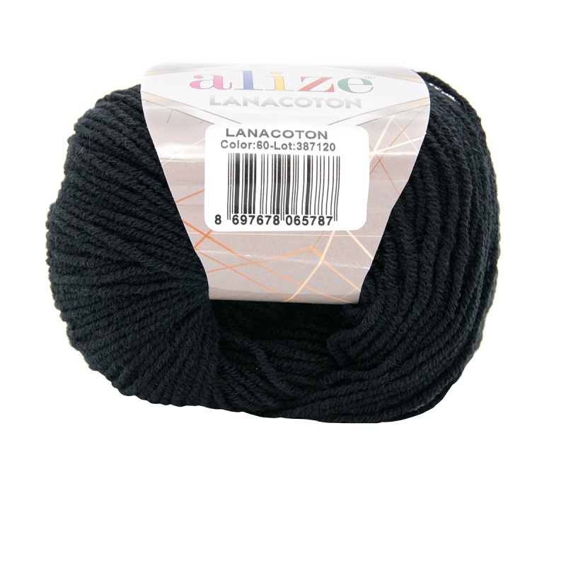 Пряжа "LANACOTON" 060 черный 10*50 г. 160м 26% шерсть, 26%хлопок, 48% акрил  ALIZE 060														