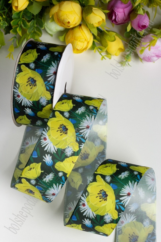 Лента атласная  "Маки" желтые на темно-зеленом 40мм*9,1м за 1м  КОРЕЯ SF-1823/118-426														