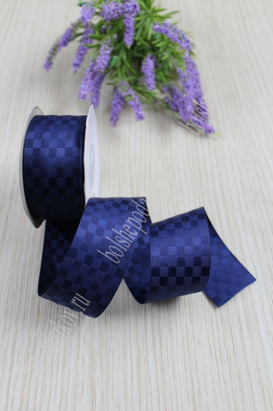 Лента атласная "Квадратики" т.синий 370 40мм*18,2м за 1м 312-275														