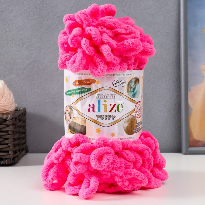 Пряжа "PUFFY" 377 ярко-розовый 5*100 г. 9,2м. 100% микрополиэстр  ALIZE 377														