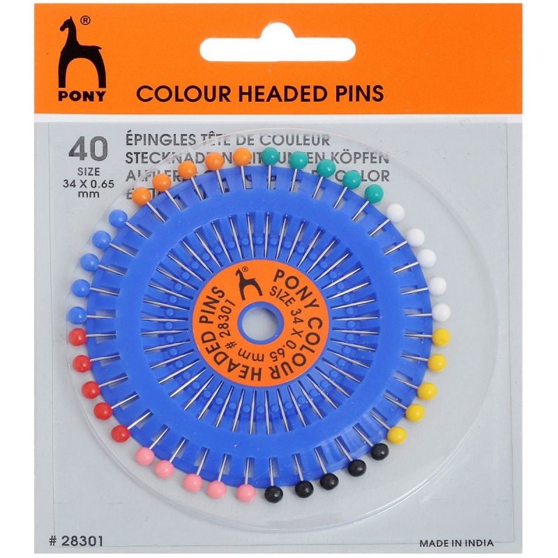 Булавки наметочные 34мм, 40шт, цветная головка в блистере  Pony