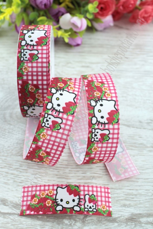 Лента репсовая "Китти с клубникой" розовый клетка  25мм*9,1м SF-1740														