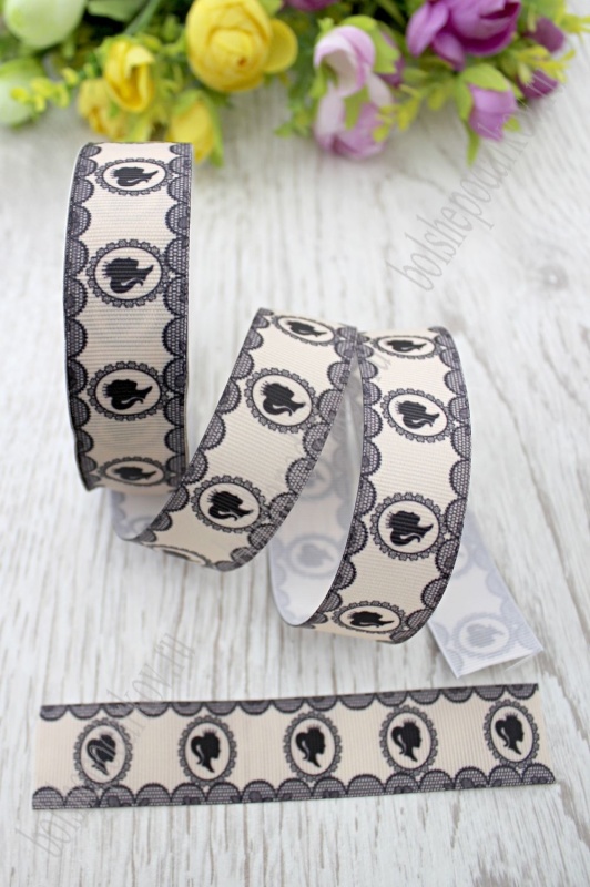 Лента репсовая "Кружево, девушка" бежевый 25мм*9,1м SF-1729														