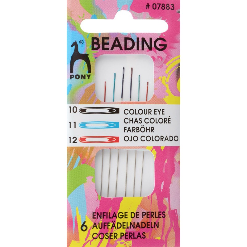 Иглы для бисера №10-12 (набор 6шт.) длинные, с цветным ушком  Pony