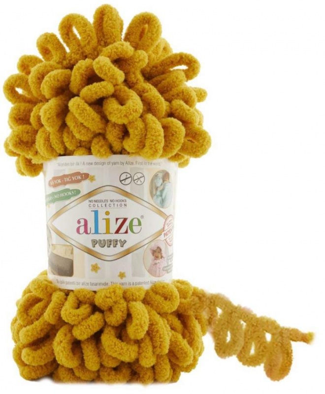 Пряжа "PUFFY" 02 горчица 5*100 г. 9,2м. 100% микрополиэстр 02														