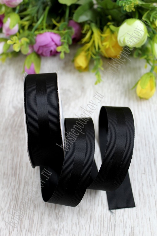 Лента репсовая с атласной вставкой, цвет черный 25мм, 25мм*9,1м 123-191/SF-1311														