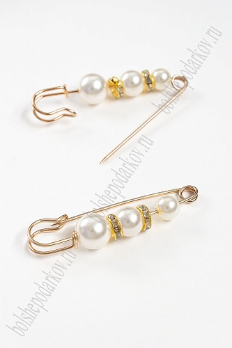 Булавка декоративная с 3-мя бусинами и стразами белый/золото набор 2шт. за 1шт. SF-1251														