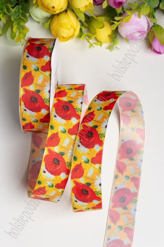 Лента атласная  "Маки" оранжево/красный 25мм*9,1м за 1м 118-419/SF-1821														