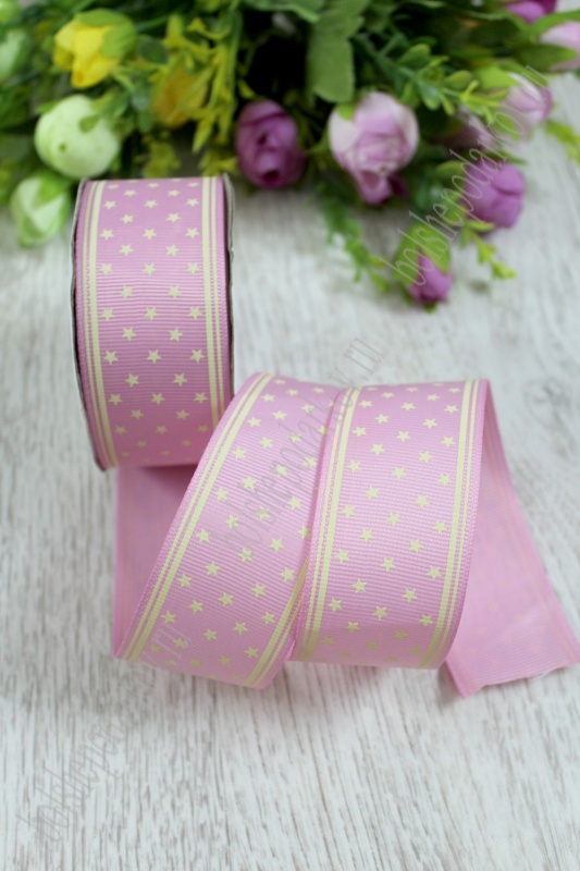 Лента репсовая "Звездочки" бежевый на розовом 93 40мм*18,2м за 1м 128-579														