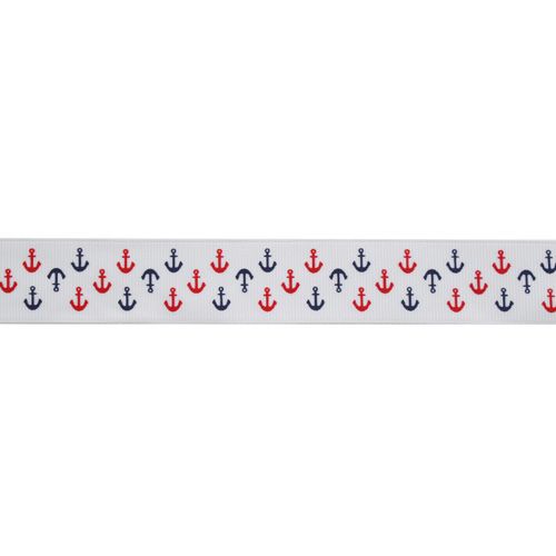 Лента репсовая "Якорь" белый с синими и красными якорями 25мм, 25мм*22,86 7715266														