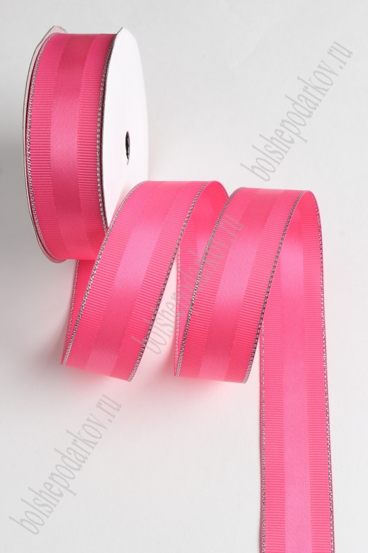 Лента репсовая с люрексом и атласной вставкой, цвет ярко розовый 25мм, 25мм*9,1м 126-30/SF-1726														