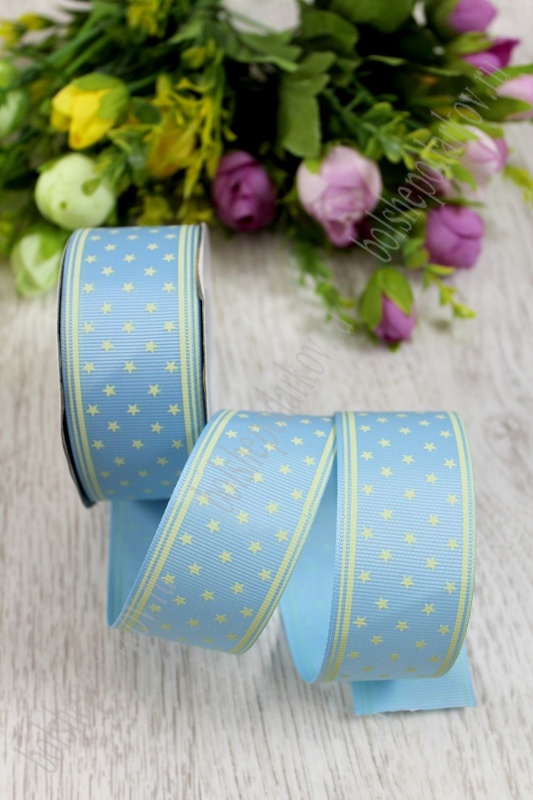 Лента репсовая "Звездочки" бежевый на голубом 184 40мм*18,2м за 1м 128-577														