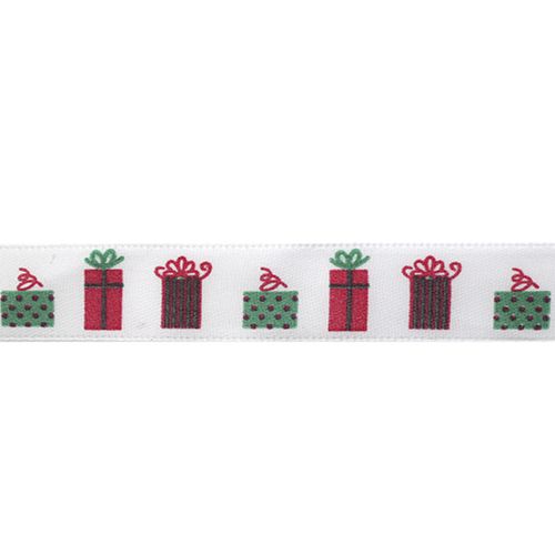 Лента атласная  "Подарки" 15мм, на белом, 15мм*22,5м 7716498														