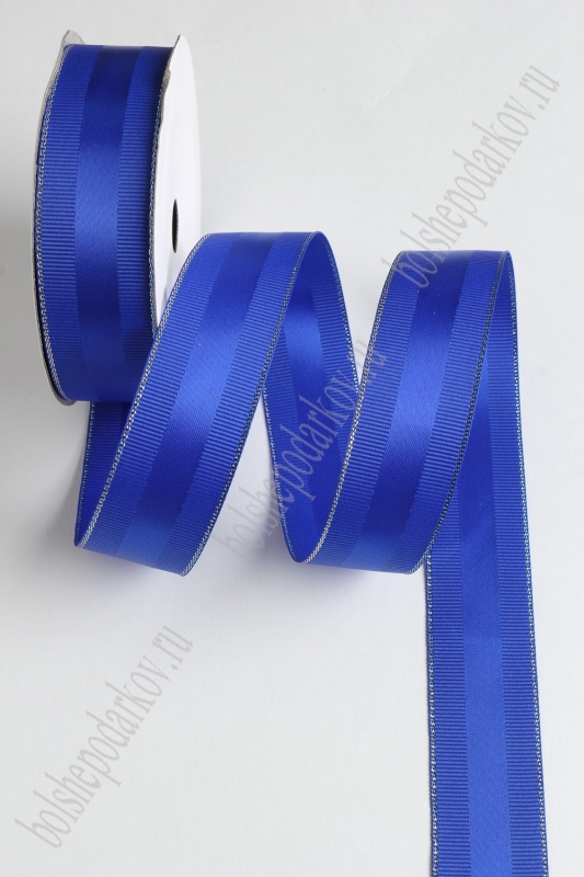 Лента репсовая с люрексом и атласной вставкой, цвет синий 25мм, 25мм*9,1м 126-27/SF-1726														