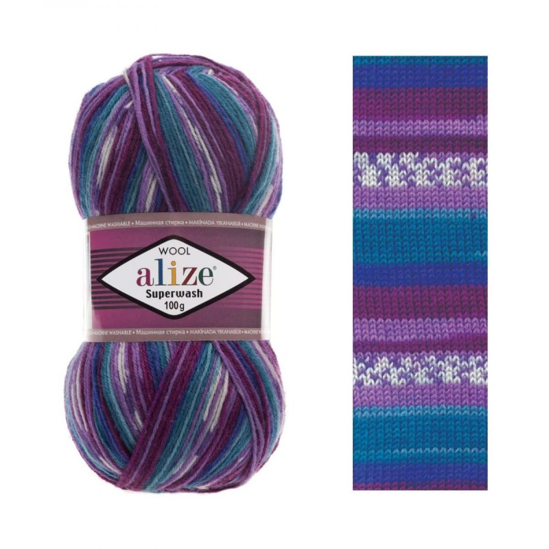 Пряжа "SUPERWASH 100" 4412 сине-сиренево-фиолетовый 5*100 г. 420м 75% шерсть; 25% полиамид  ALIZE 4412														
