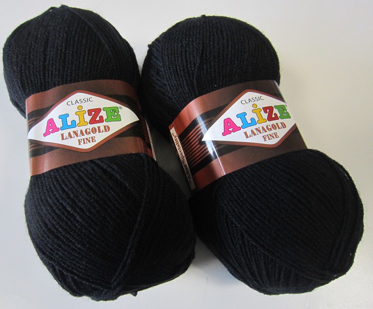 Пряжа "LANAGOLD Fine" 60 черный 60 5*100 г. 390м 49% шерсть, 51 % акрил  ALIZE 60														