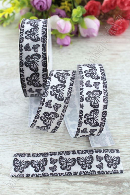 Лента репсовая "Бабочки" черные на белом 25мм*9,1м 128-612/SF-1732														