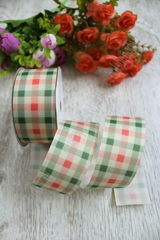 Лента репсовая "Клетка" зеленый/розовый 40мм 40мм*9,1м 128-441														