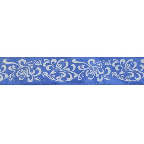 Лента атласная  "Узор" белый на синем 25мм*22,86м 7708617														