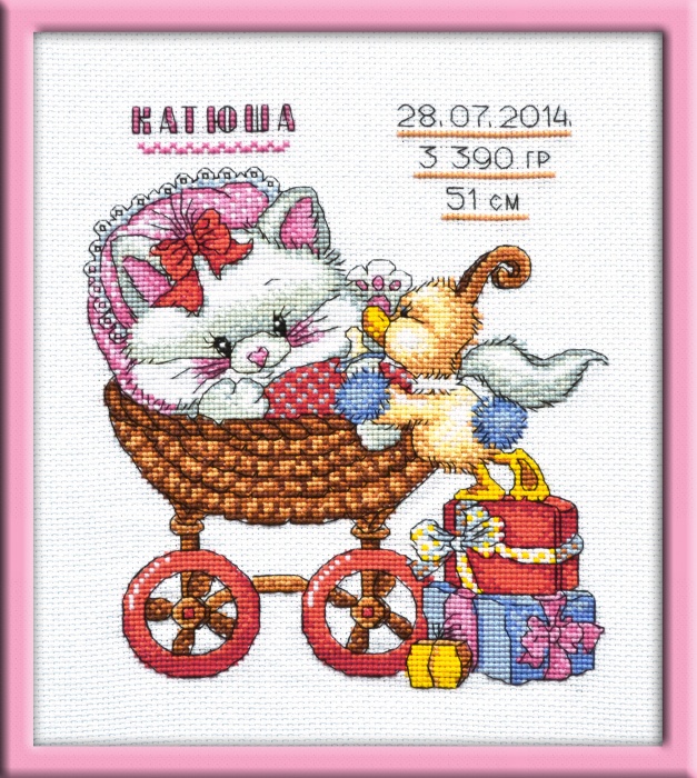 Вышивка крестом Овен "Метрика для девочки. Кошечка" мулине (18*25см) 713														