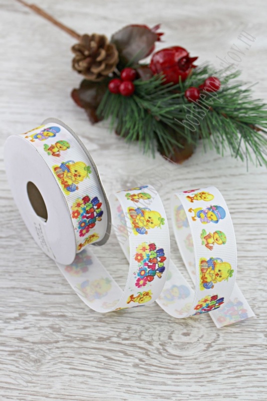 Лента репсовая "Цыплята" на белом  25мм*9,1м SF-1741														