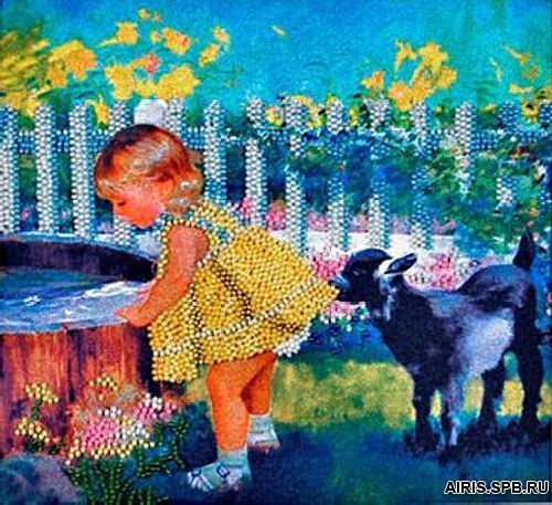 Канва с рисунком "Девочка с козленком" мулине (21,3х19,5см)  Alisena