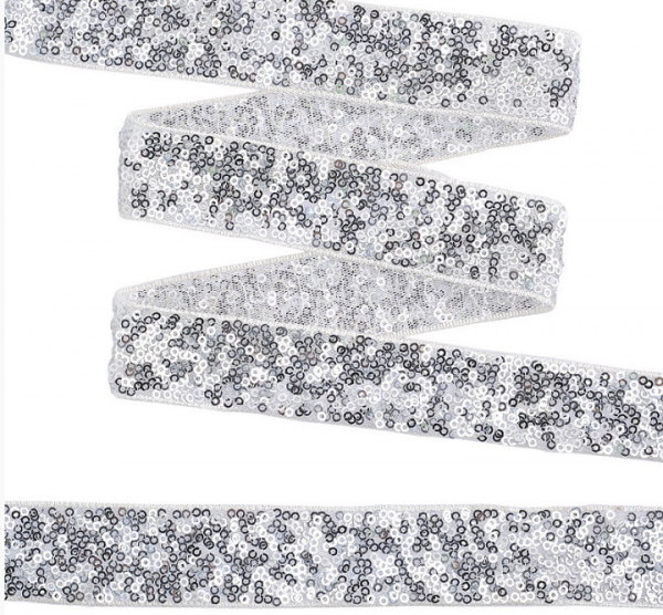 Тесьма с пайетками на сетке цветная (белый+серебро) 30мм*13,7м за 1м